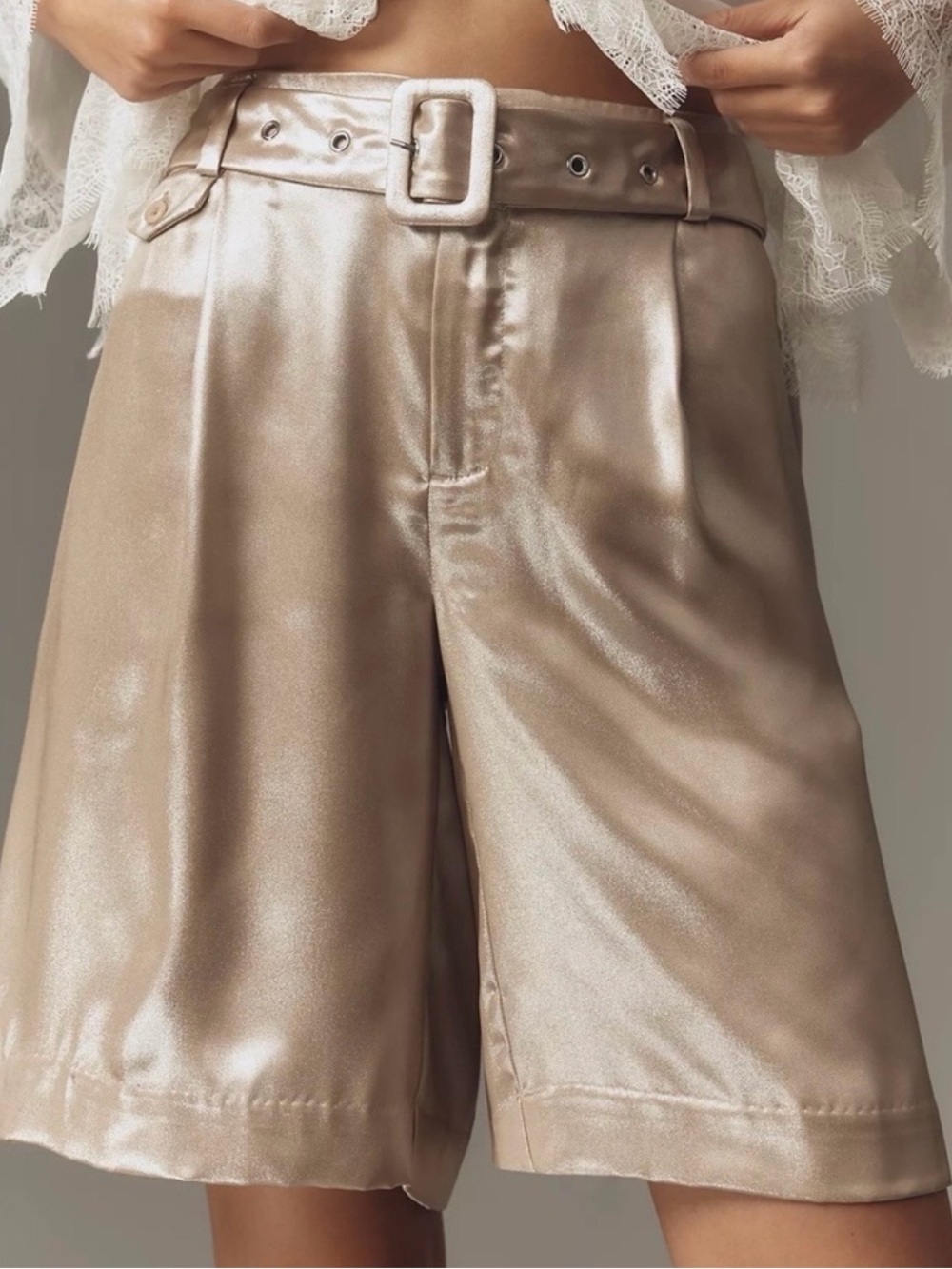 Anthropologie Satin High-Waist Bermuda Shorts with Covered Belt in Champagne